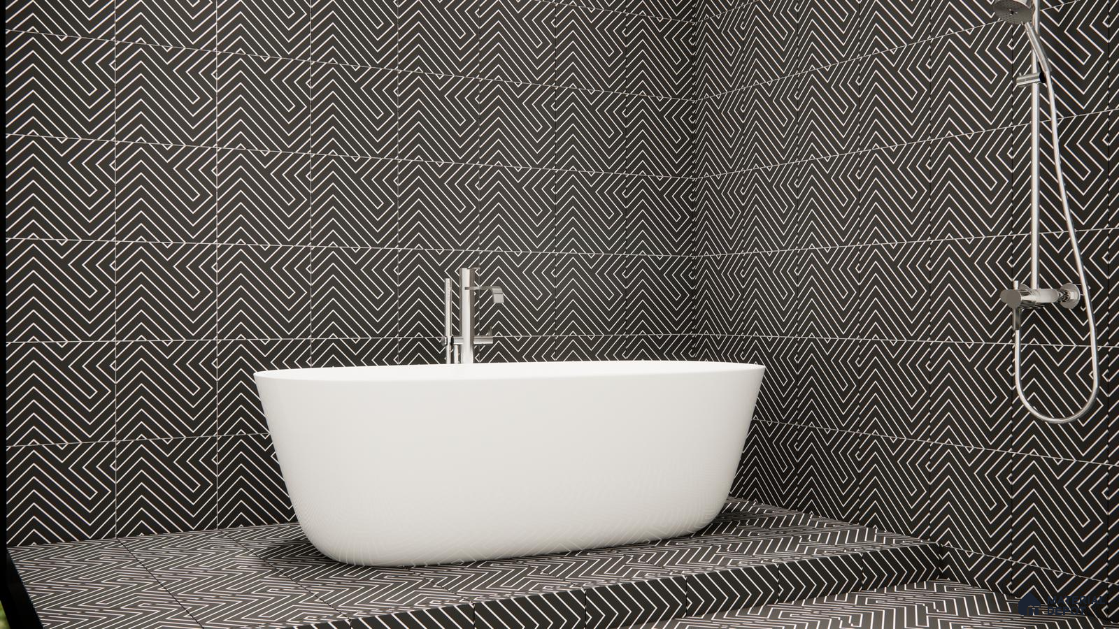 Modern Monochrome Bath Area with Chevron Tile Drama | Material Depot