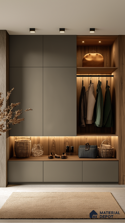 Modern Mudroom with Matte Cabinets and Wood Accents | Material Depot