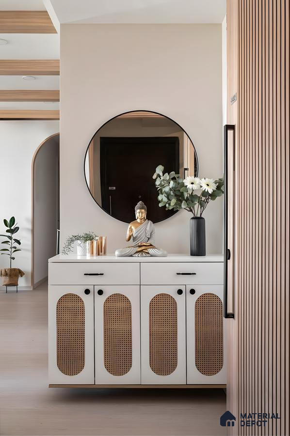 Modern Natural Bohemian Entryway With Cane-Front Cabinet And Minimalist Decor | Material Depot