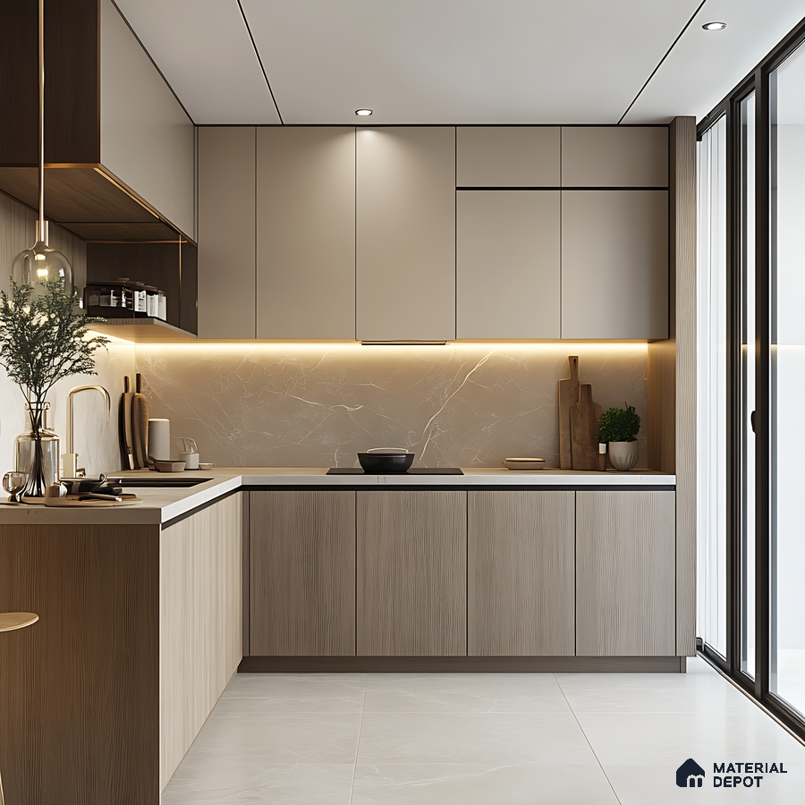 Modern Neutral-Toned Kitchen with Warm Lighting | Material Depot