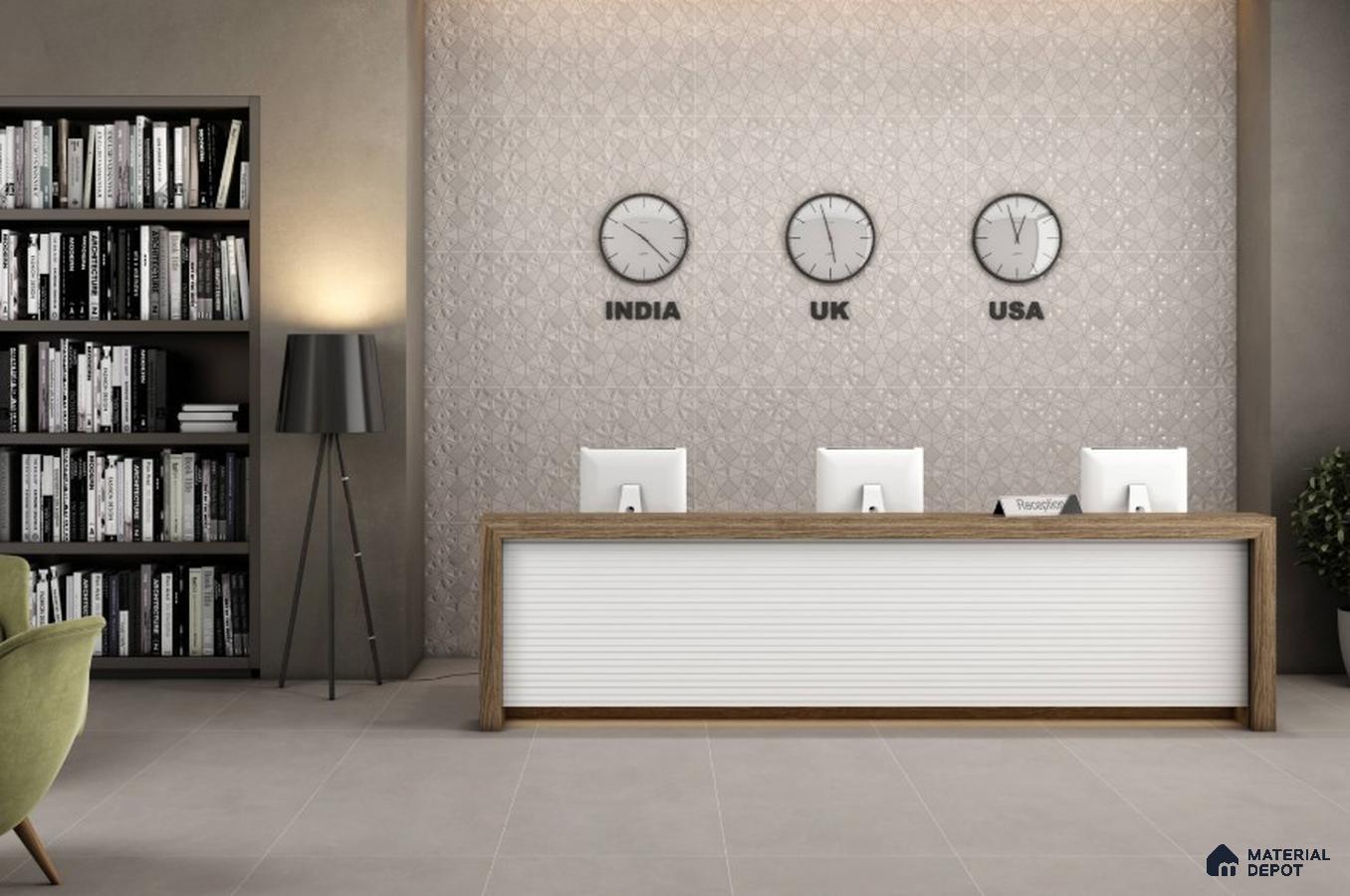 Modern Office Reception with Grey 3D Accent Wall and Minimalist Interiors – Elegant & Professional | Material Depot