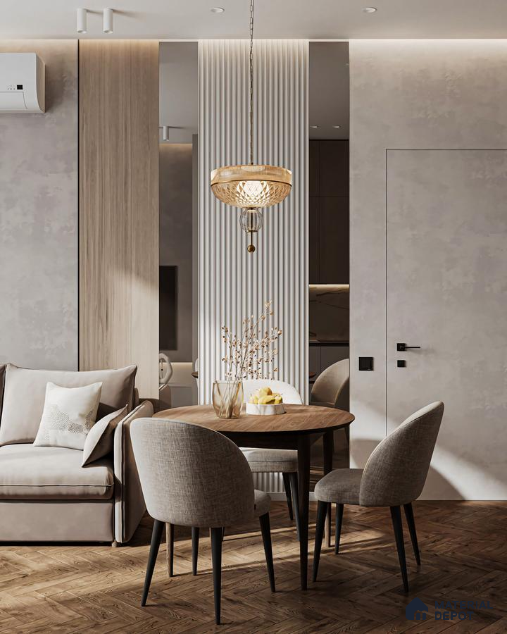 Modern Open-Plan Living Space with Round Dining Table and Wooden Chairs | Material Depot