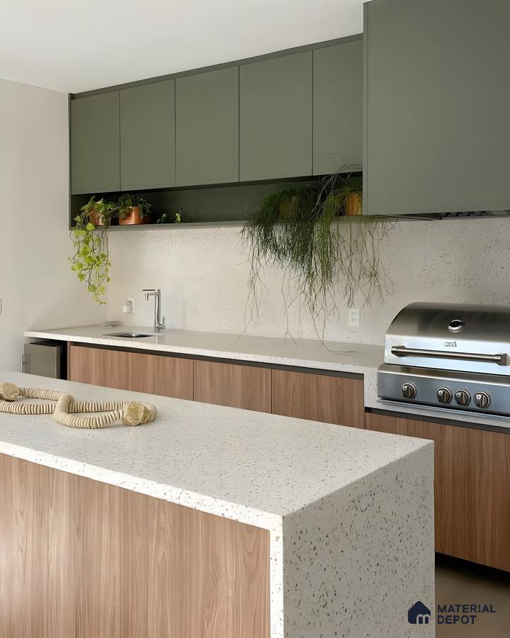 Modern Outdoor Kitchen with Terrazzo Countertops and Green Cabinetry | Material Depot