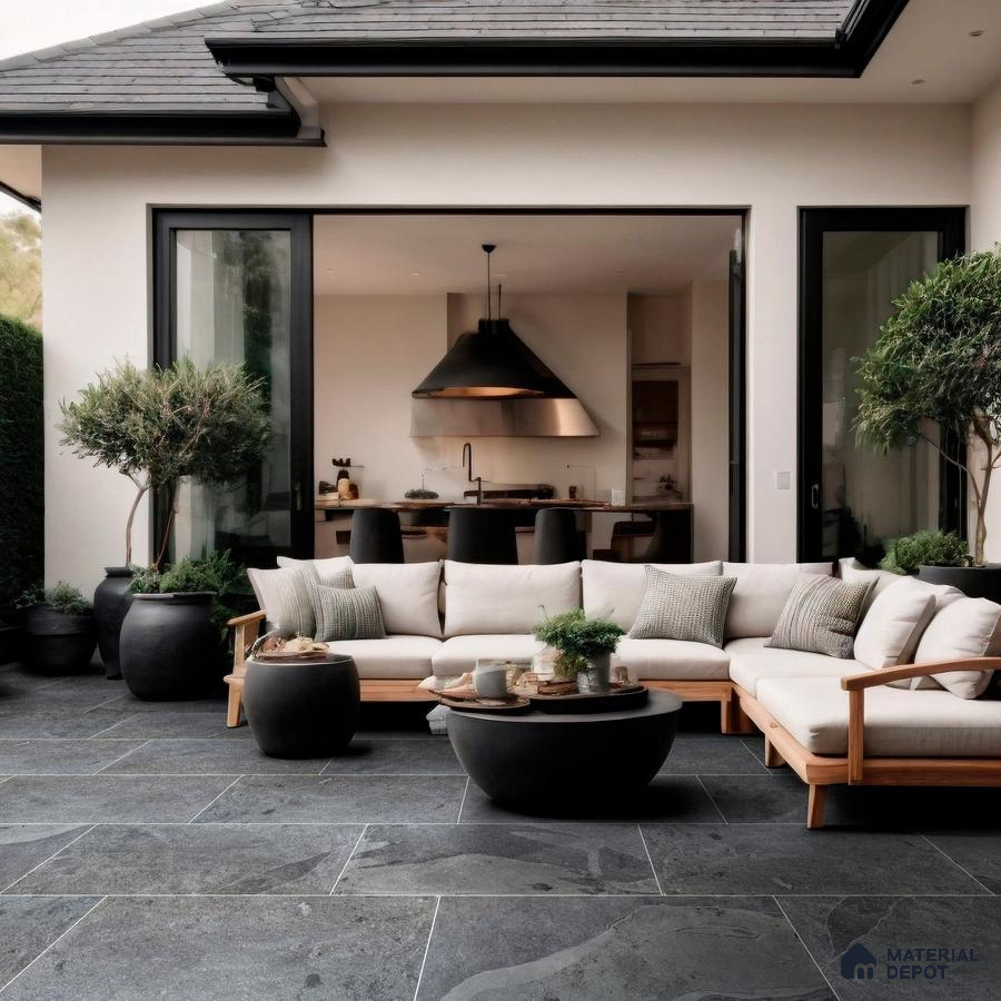 Modern Outdoor Living Space with Elegant Slate Flooring and Cozy Seating Arrangement | Material Depot