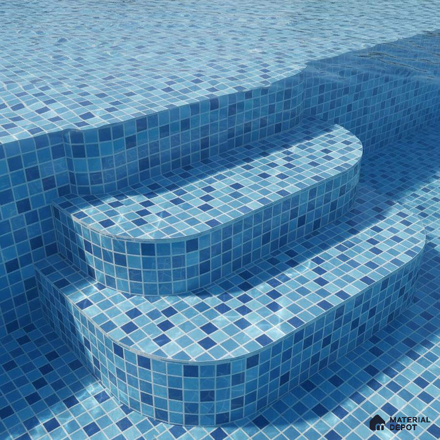 Modern outdoor pool with blue mosaic tiles on steps and floor