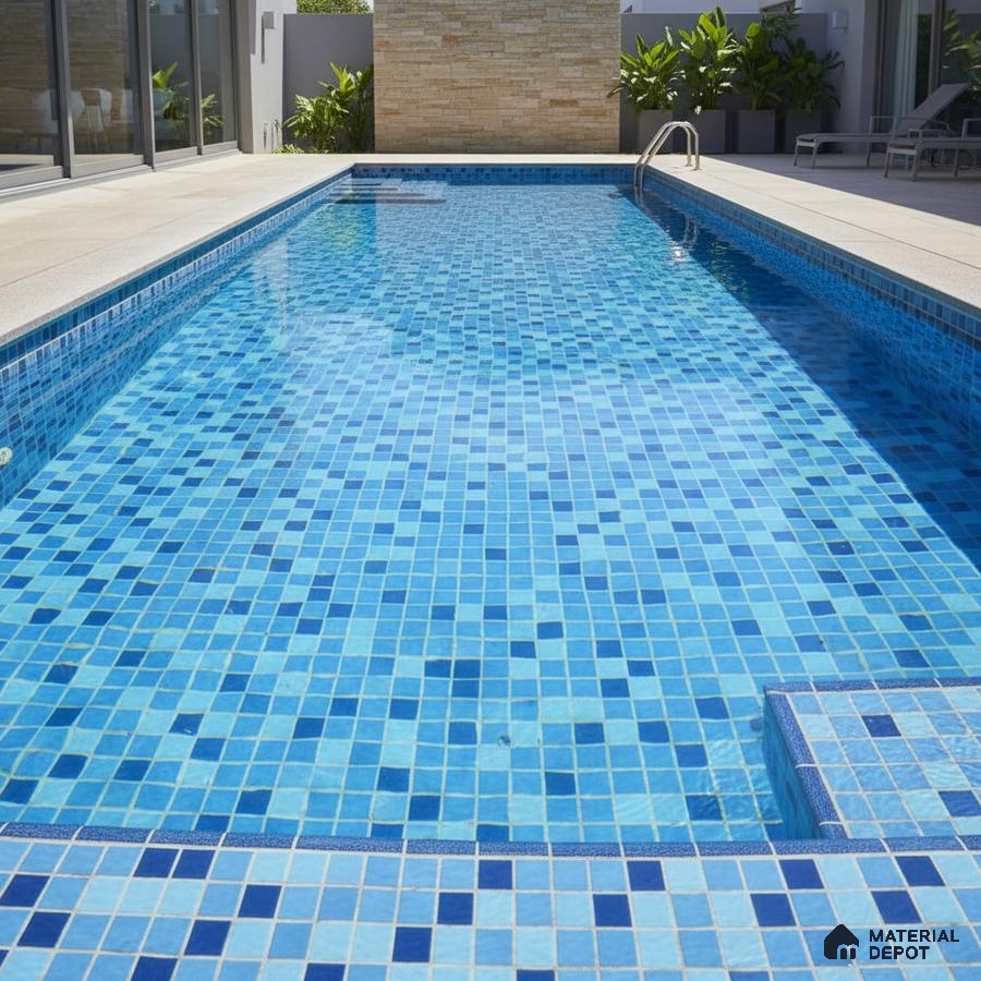 Modern outdoor swimming pool with blue mosaic tiles and stone cladding accent wall