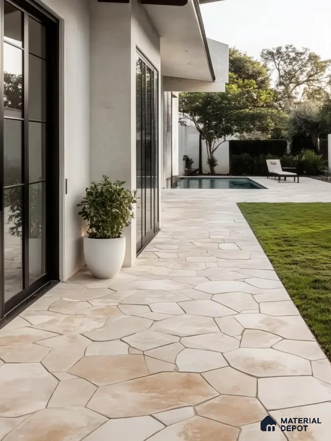 Modern Outdoor Walkway with Beige Organic Stone Tiles and Poolside View | Material Depot