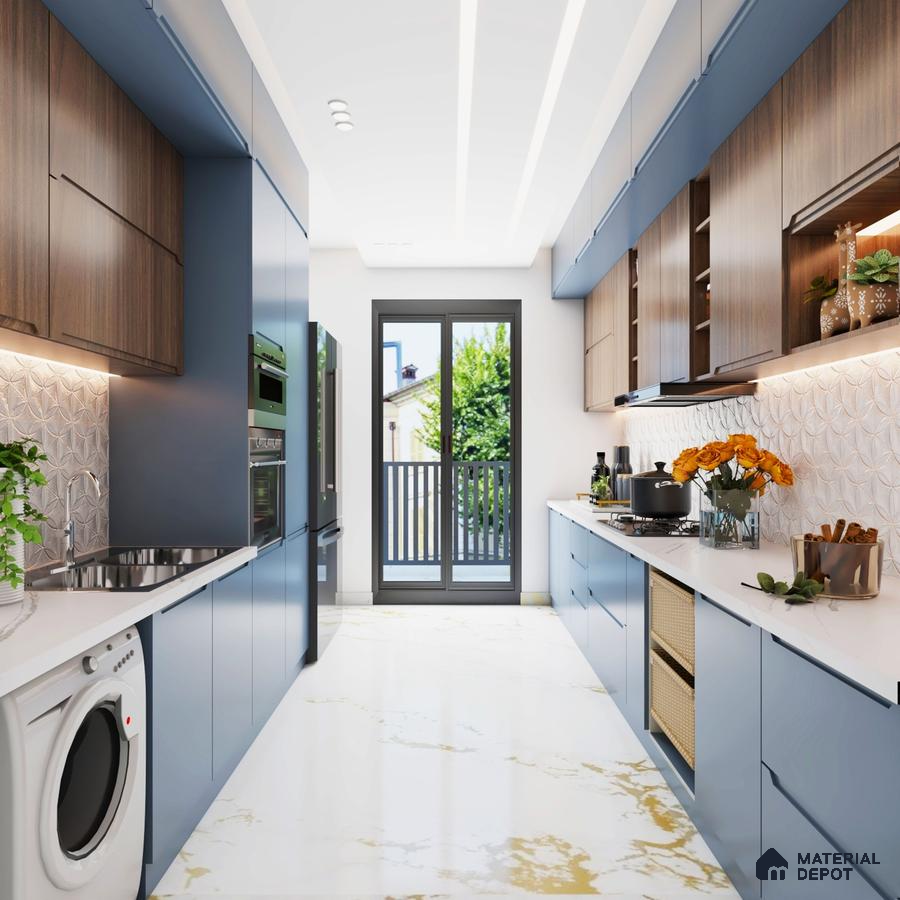 Modern parallel kitchen with blue matte laminate, walnut wood laminate, white quartz countertop, and 3D geometric backsplash tile in Bengaluru | Material Depot