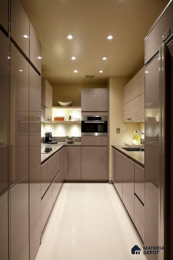 Modern parallel kitchen with glossy taupe laminate cabinets and beige quartz countertop in Bengaluru | Material Depot