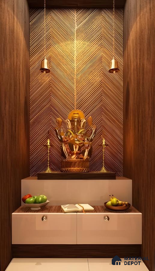 Modern Pooja Nook with Textured Backdrop | Material Depot