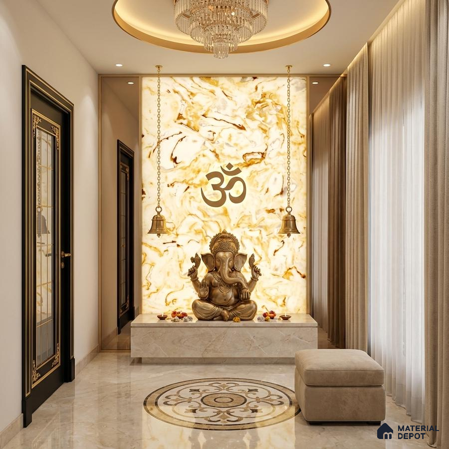 Modern pooja room with backlit alabaster panel and beige marble flooring