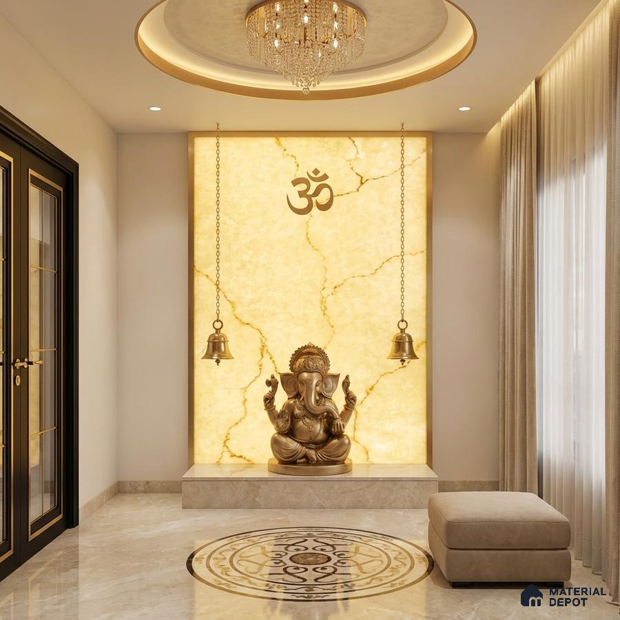 Modern pooja room with backlit alabaster panel and marble floor tile