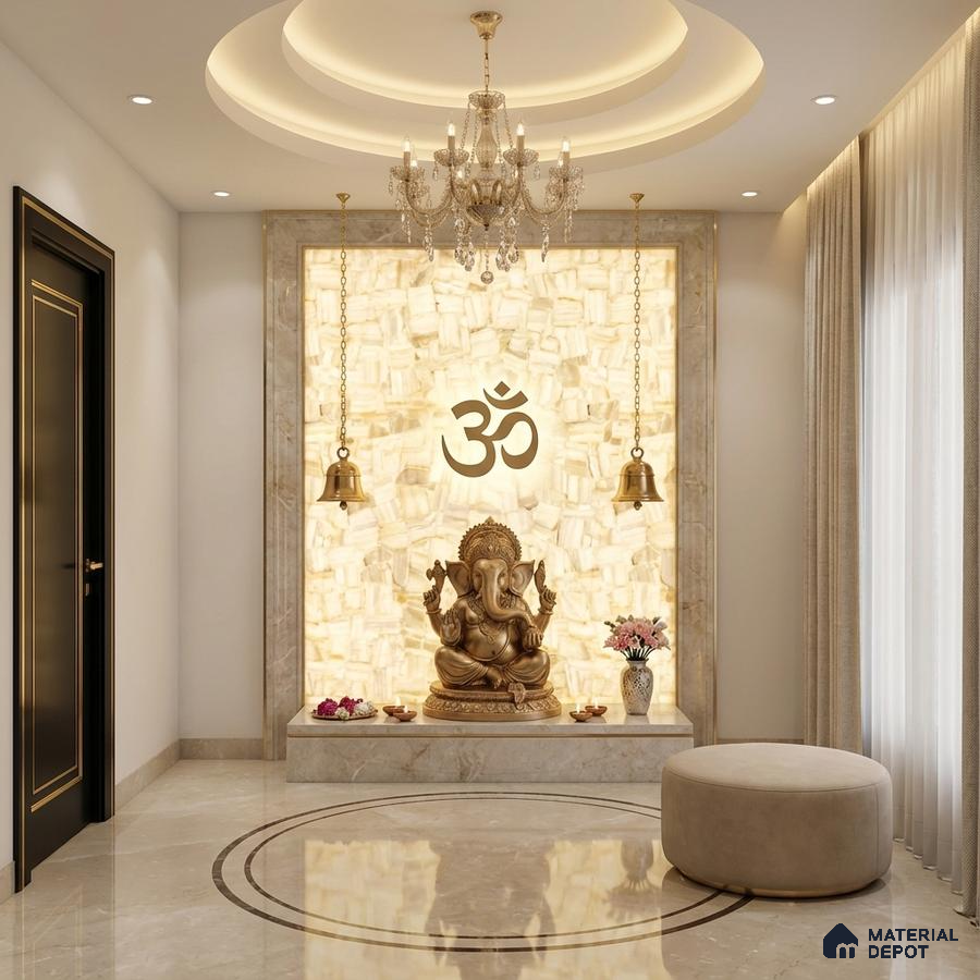 Modern pooja room with backlit alabaster panel, marble flooring, and gold accents