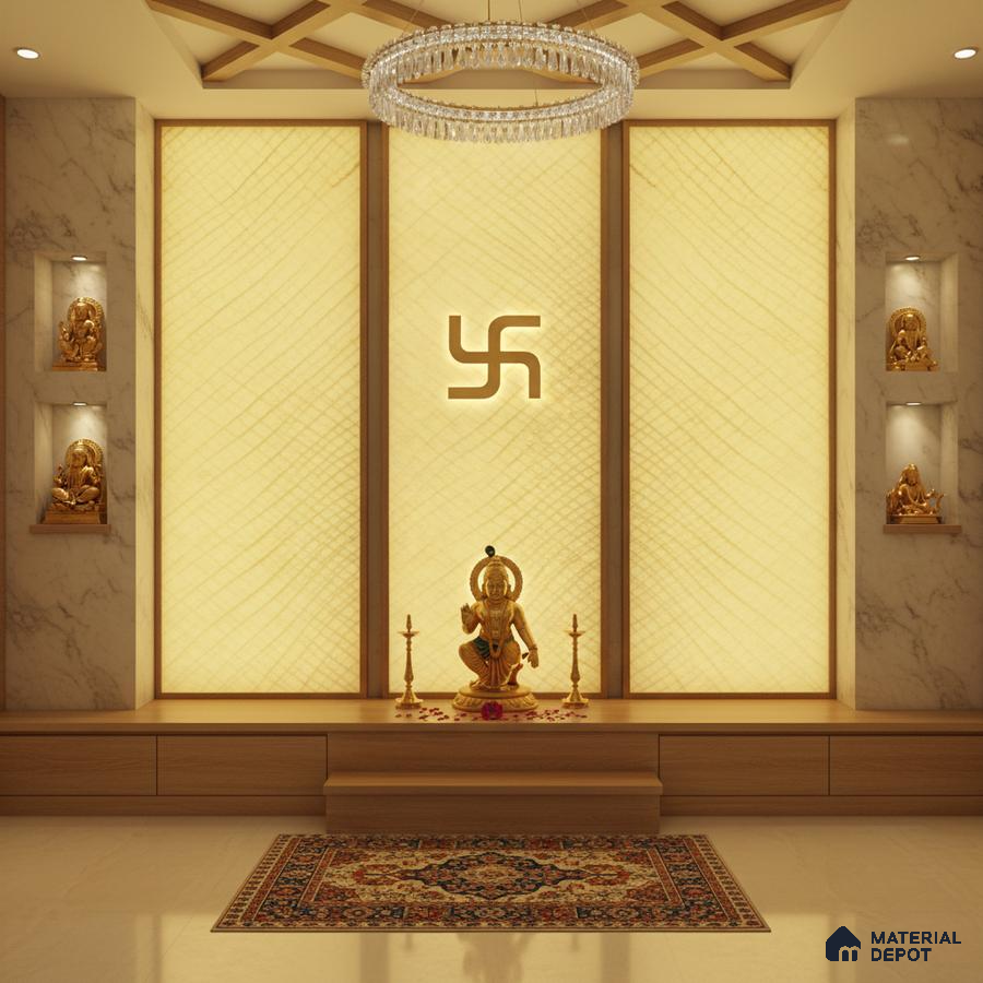 Modern pooja room with backlit alabaster panel, marble wall cladding, and wooden laminate platform