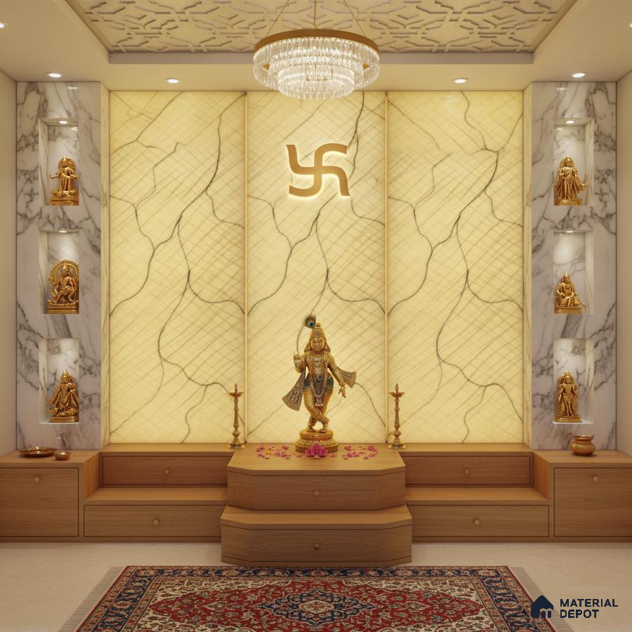 Modern pooja room with backlit alabaster panel, marble wall cladding, and wooden storage
