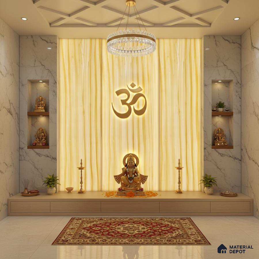 Modern pooja room with backlit alabaster panel, marble wall tiles, and light wood laminate storage
