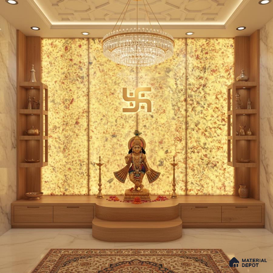 Modern pooja room with backlit alabaster panel, natural wood laminate, and marble floor tile