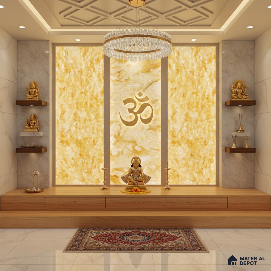 Modern pooja room with backlit alabaster panel, white marble wall tile, and natural wood laminate platform