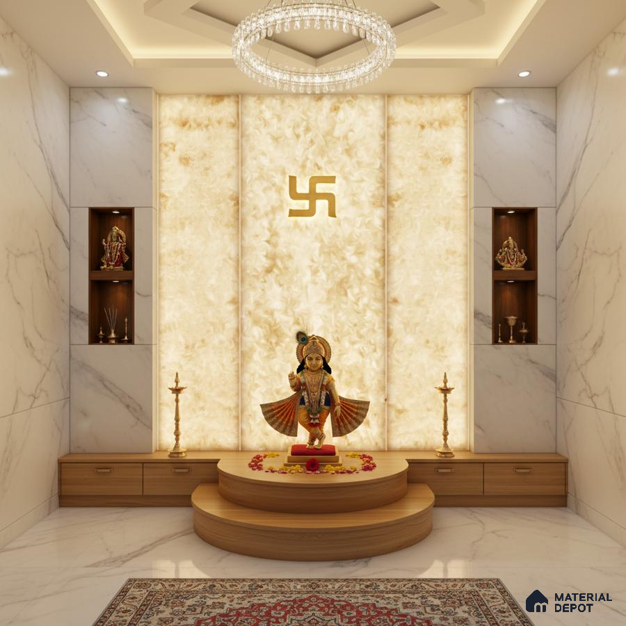 Modern pooja room with backlit alabaster panel, white marble wall tiles, and wooden laminate platform