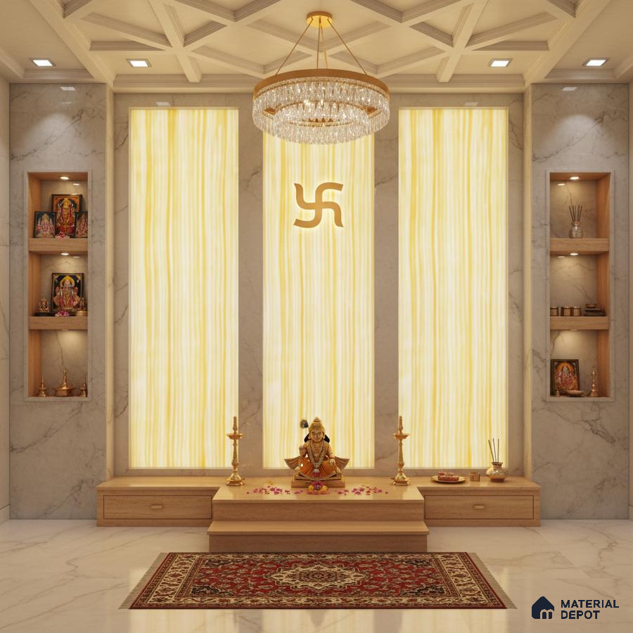 Modern pooja room with backlit alabaster panels, marble wall tiles, and light wood laminate platform