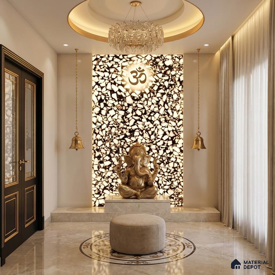 Modern pooja room with backlit alabaster stone panel and marble flooring
