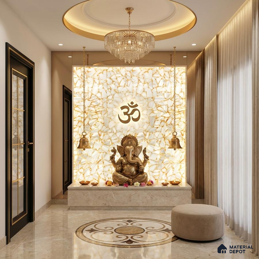 Modern pooja room with backlit alabaster wall panel and marble floor inlay