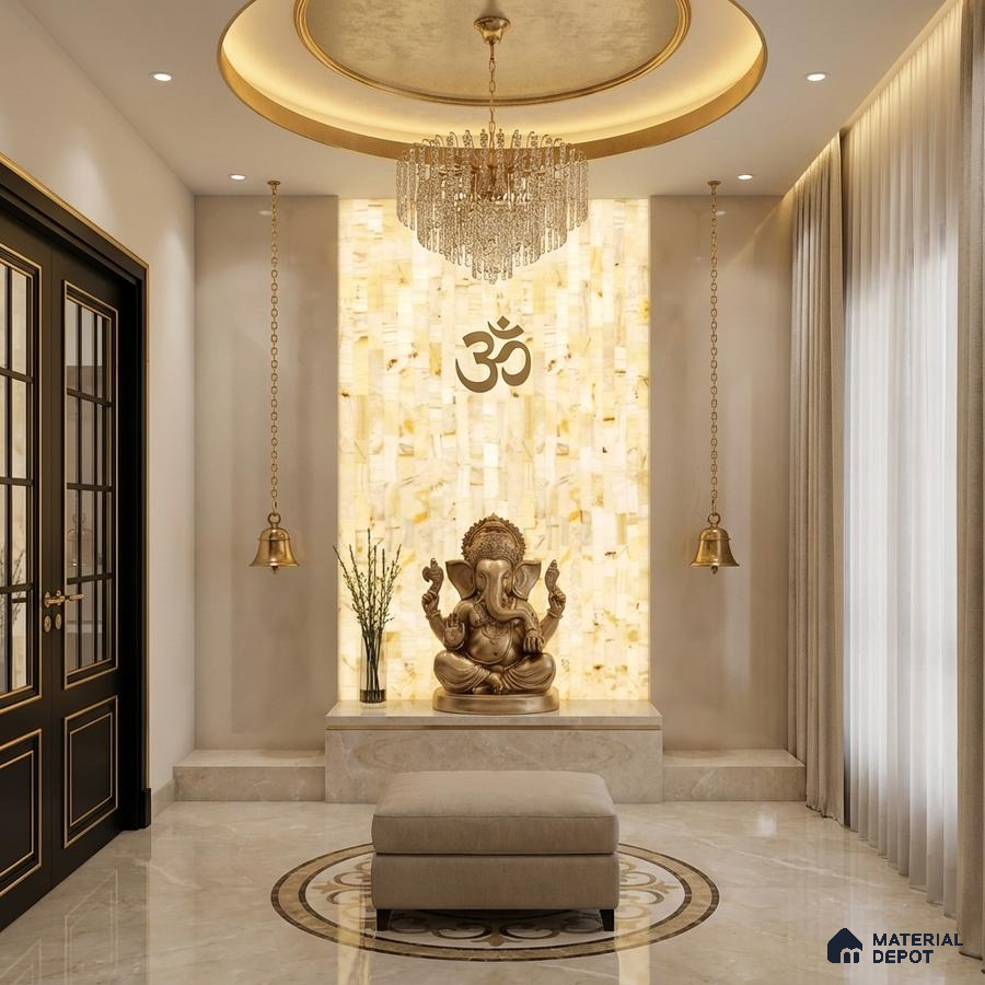 Modern pooja room with backlit alabaster wall panel and marble floor tile