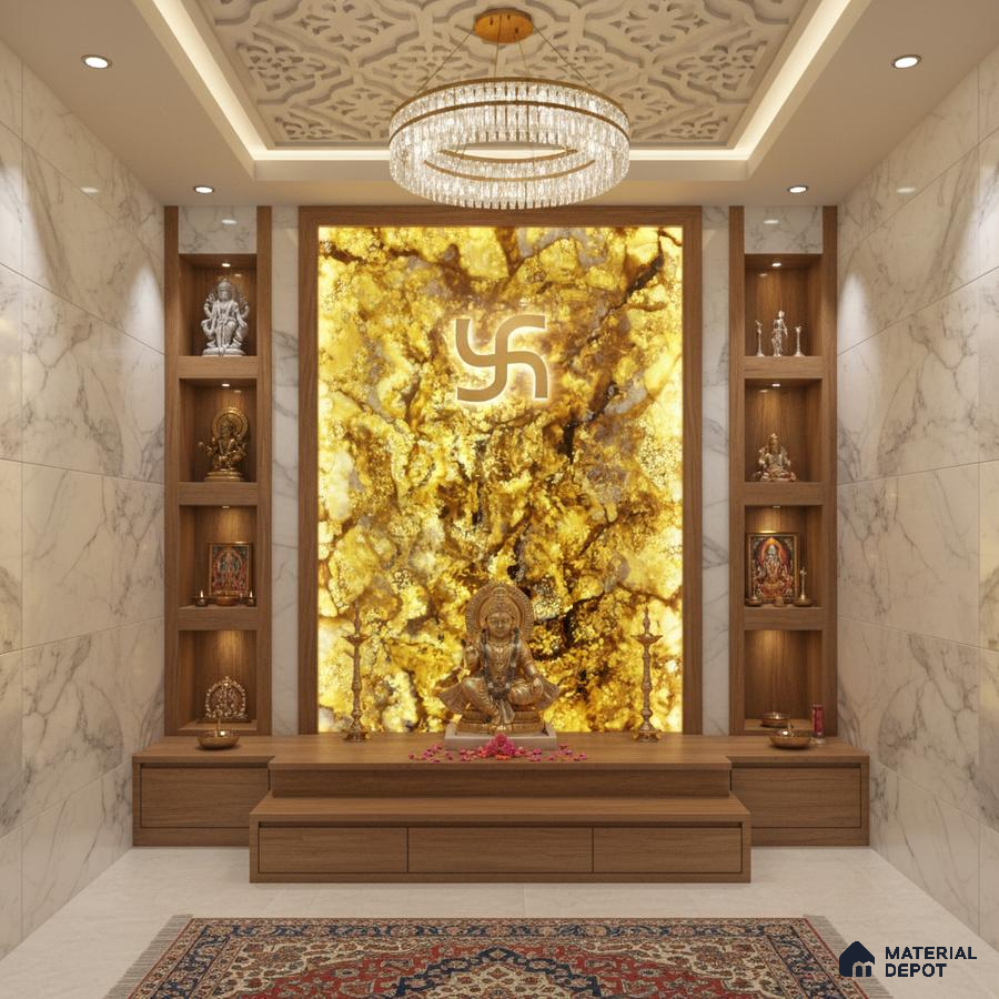 Modern pooja room with backlit golden Alabaster Sheet onyx panel, marble wall tiles, and wooden laminate storage