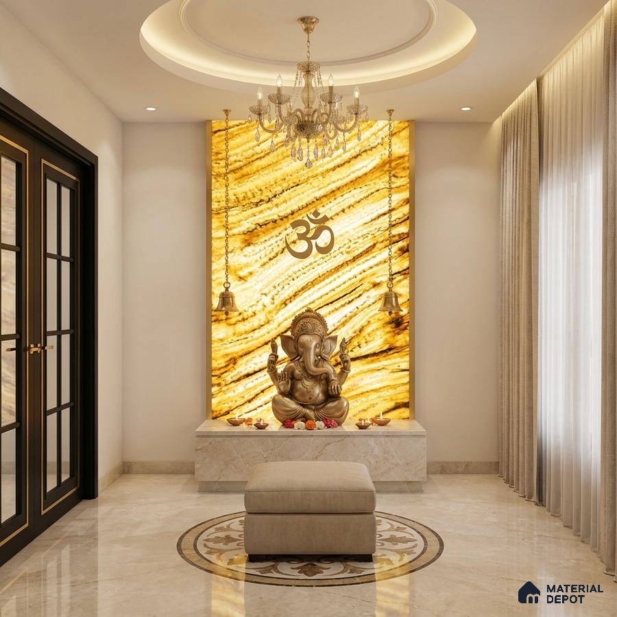 Modern pooja room with backlit golden onyx marble panel and beige marble flooring