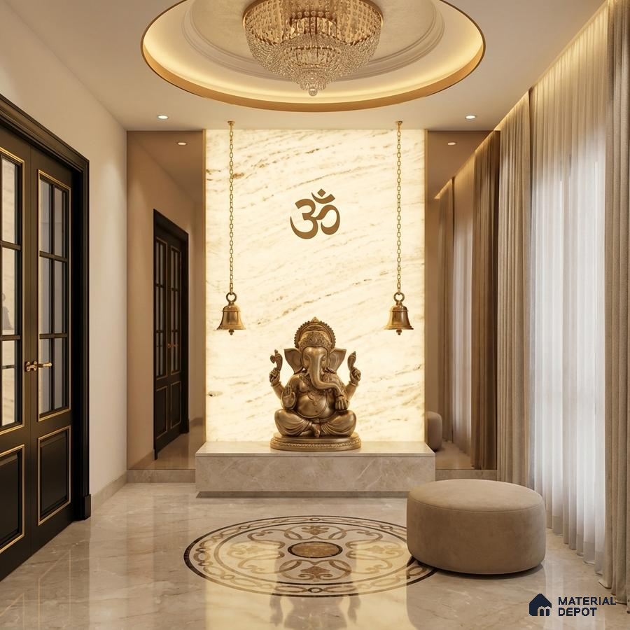 Modern pooja room with backlit marble accent wall and marble inlay floor