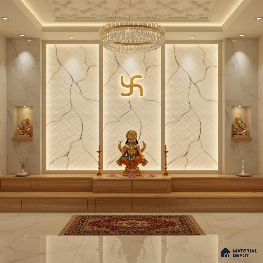 Modern pooja room with backlit marble accent wall, wooden platform, and marble floor tiles