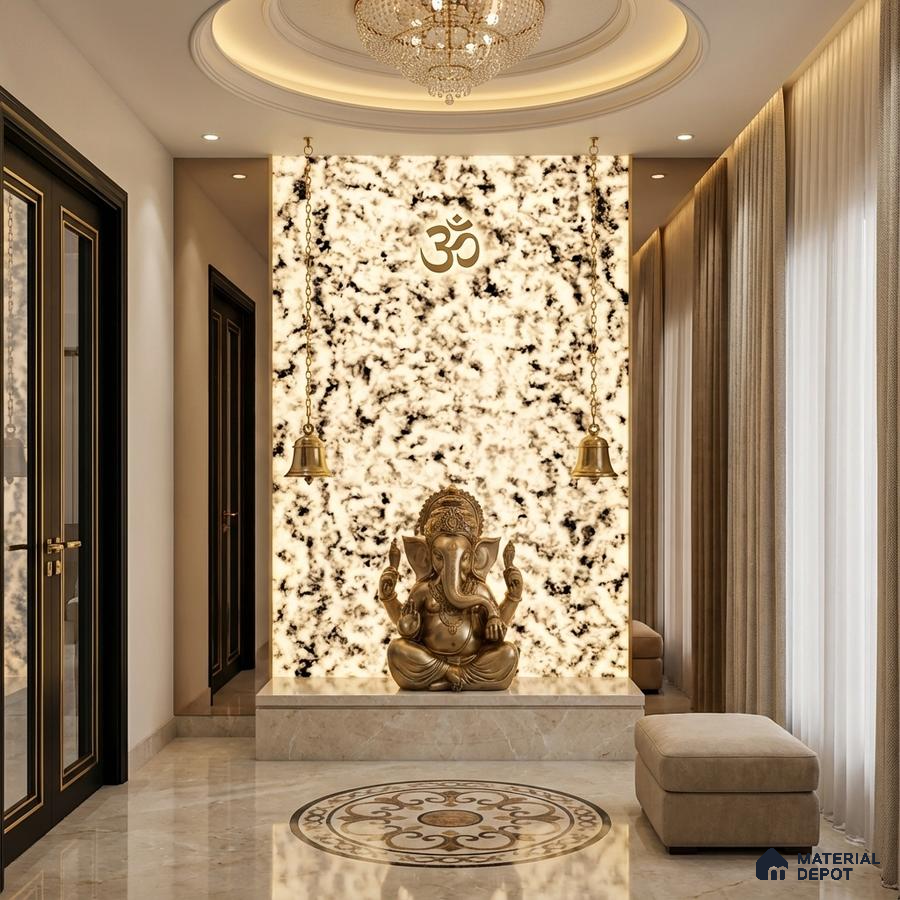 Modern pooja room with backlit marble panel and beige marble flooring