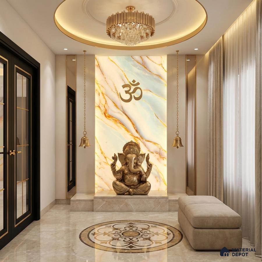 Modern pooja room with backlit marble-look panel and beige marble flooring