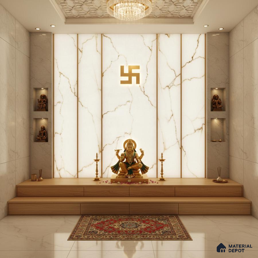 Modern pooja room with backlit marble-look panels, white marble tiles, and natural wood platform