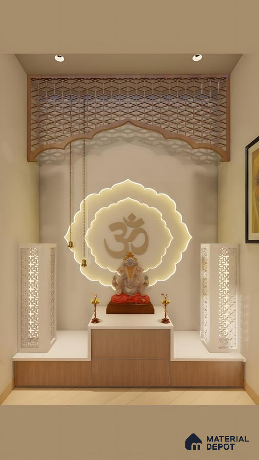 Modern Pooja Room with Backlit Om Symbol and Geometric Ceiling Panel | Material Depot