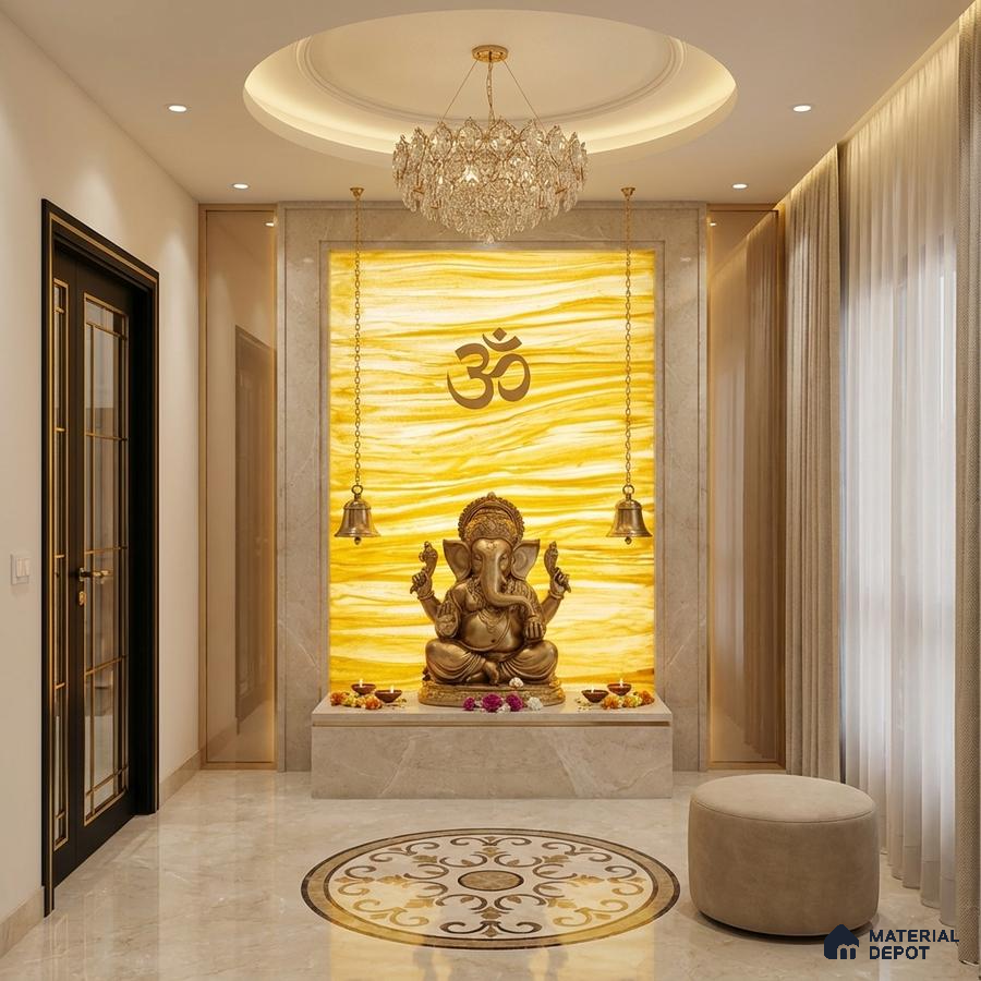 Modern pooja room with backlit onyx marble panel and beige marble flooring