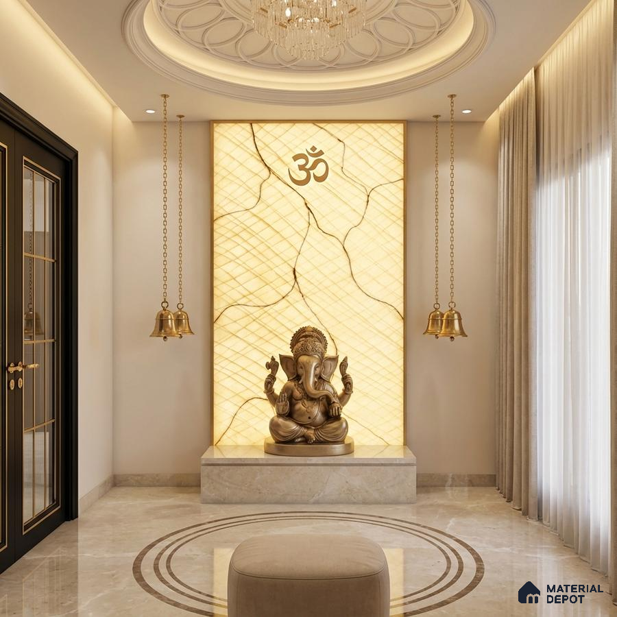Modern pooja room with backlit onyx marble panel and beige marble flooring