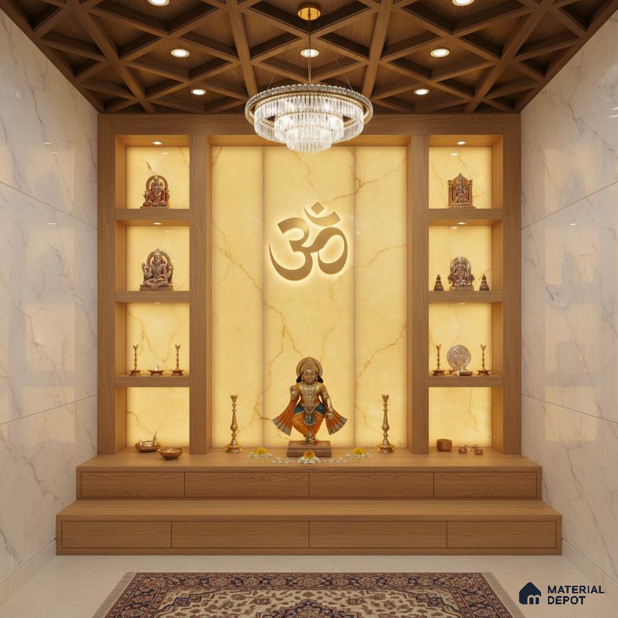 Modern pooja room with backlit onyx marble panel, wooden laminate, and marble wall tiles