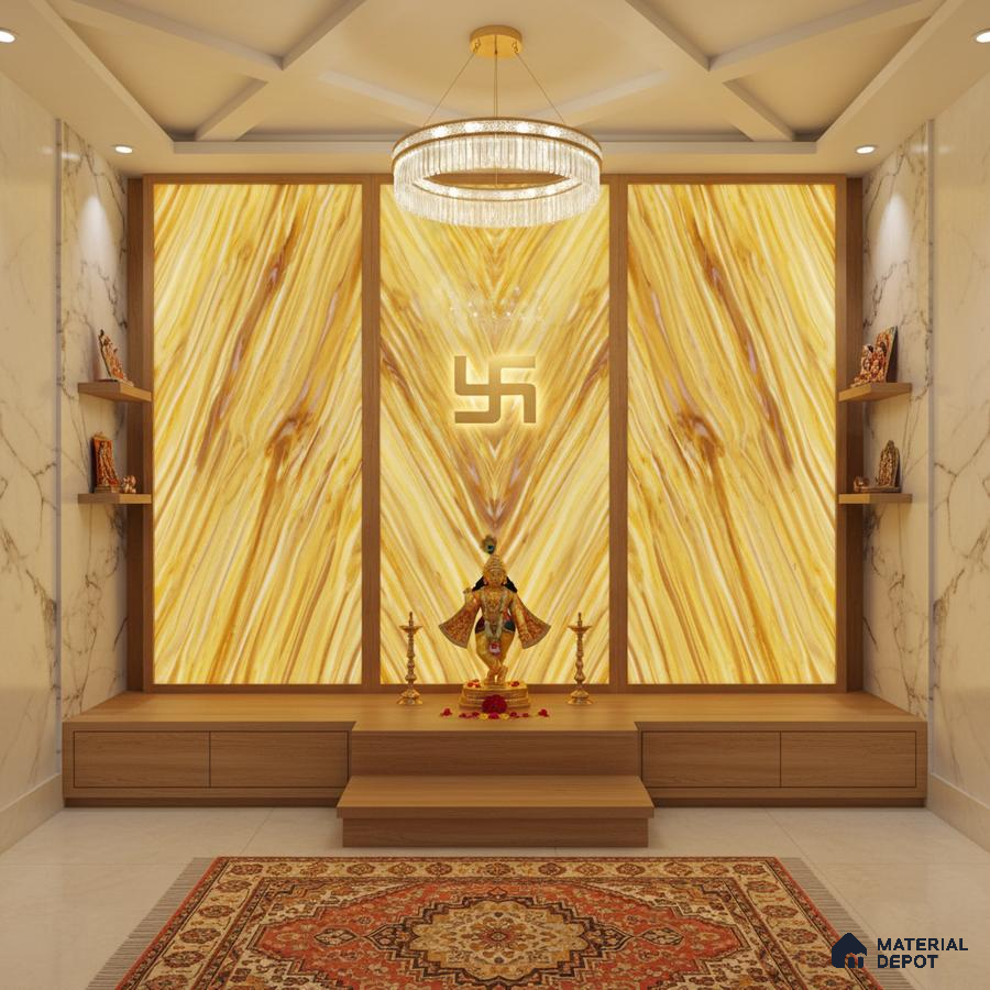 Modern pooja room with backlit onyx marble panel, wooden laminate platform, and marble wall cladding
