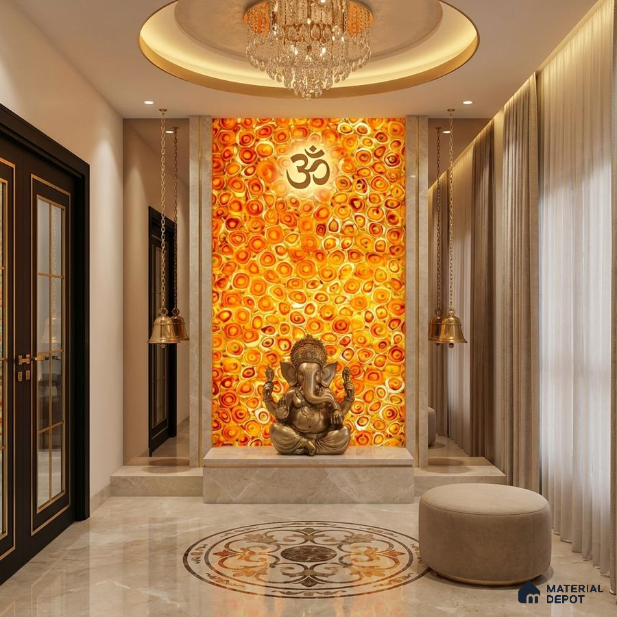 Modern pooja room with backlit orange Alabaster Sheet onyx panel and marble flooring