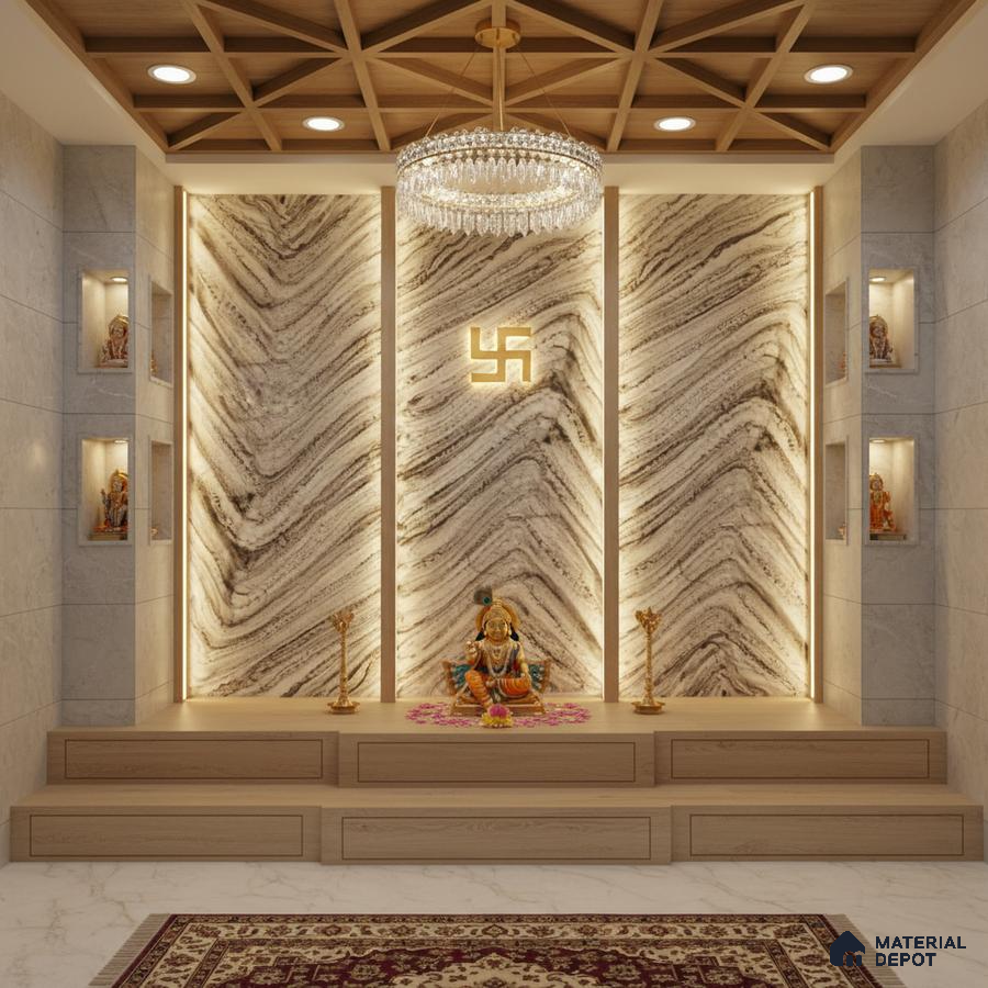 Modern pooja room with backlit vein-cut marble accent wall and light wood platform
