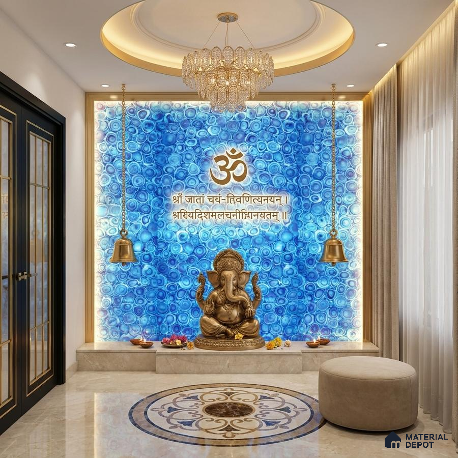 Modern pooja room with blue agate backlit panel and marble flooring