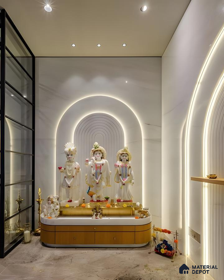 Modern Pooja Room with Elegant Marble and Arch Design | Material Depot