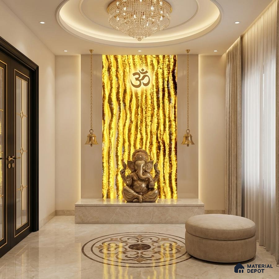 Modern pooja room with gold backlit Alabaster Sheet onyx panel and marble flooring