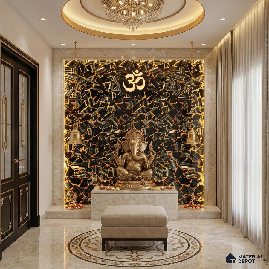 Modern pooja room with gold-accented geometric stone wall and marble flooring