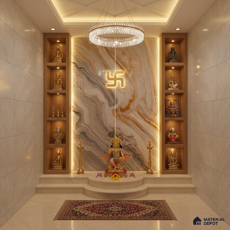 Modern pooja room with marble wall cladding, backlit onyx marble accent, and wooden display niches