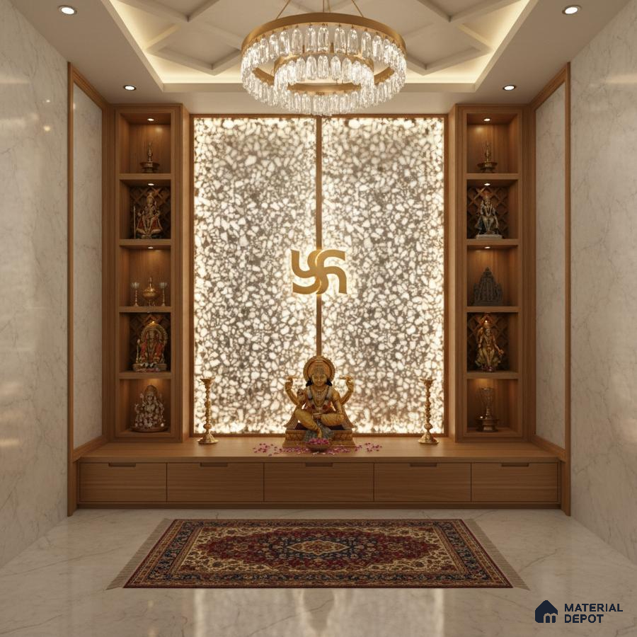 Modern pooja room with marble wall panels, backlit decorative panel, and natural wood laminate cabinetry