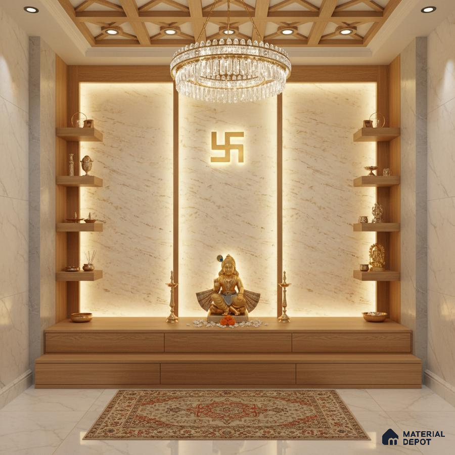 Modern pooja room with marble wall panels, wooden laminate shelves, and backlit accent lighting