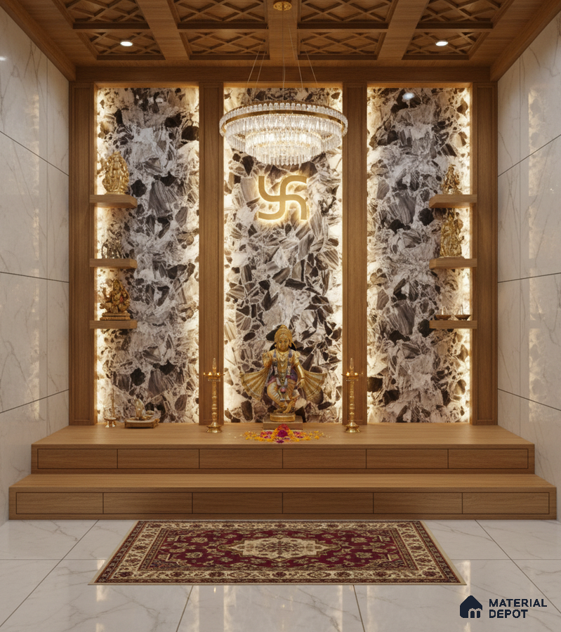 Modern pooja room with marble wall tiles, backlit stone accent, and natural wood laminate