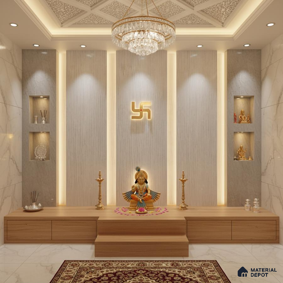 Modern pooja room with marble wall tiles, light wood laminate platform, and backlit decorative wall panels
